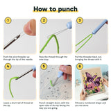 Six steps showing how to thread and use the punch needle