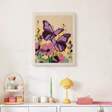 Finished Purple Butterflies punch needle canvas on a wall