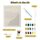 What is in the Purple Cliff Sunset kit: printed canvas, punch needle, threader, threads, color guide and hangers