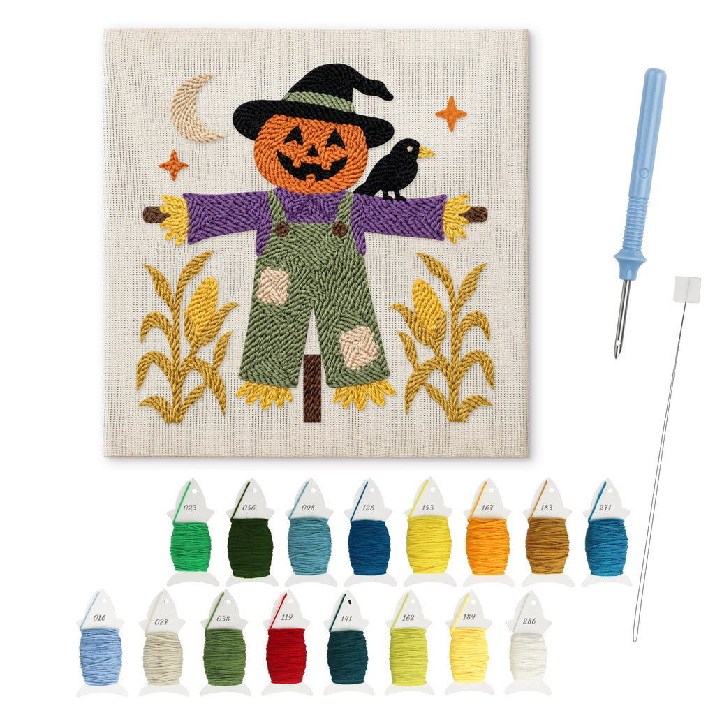 Purple Coat Scarecrow punch needle kit: finished canvas with threads, punch needle and threader