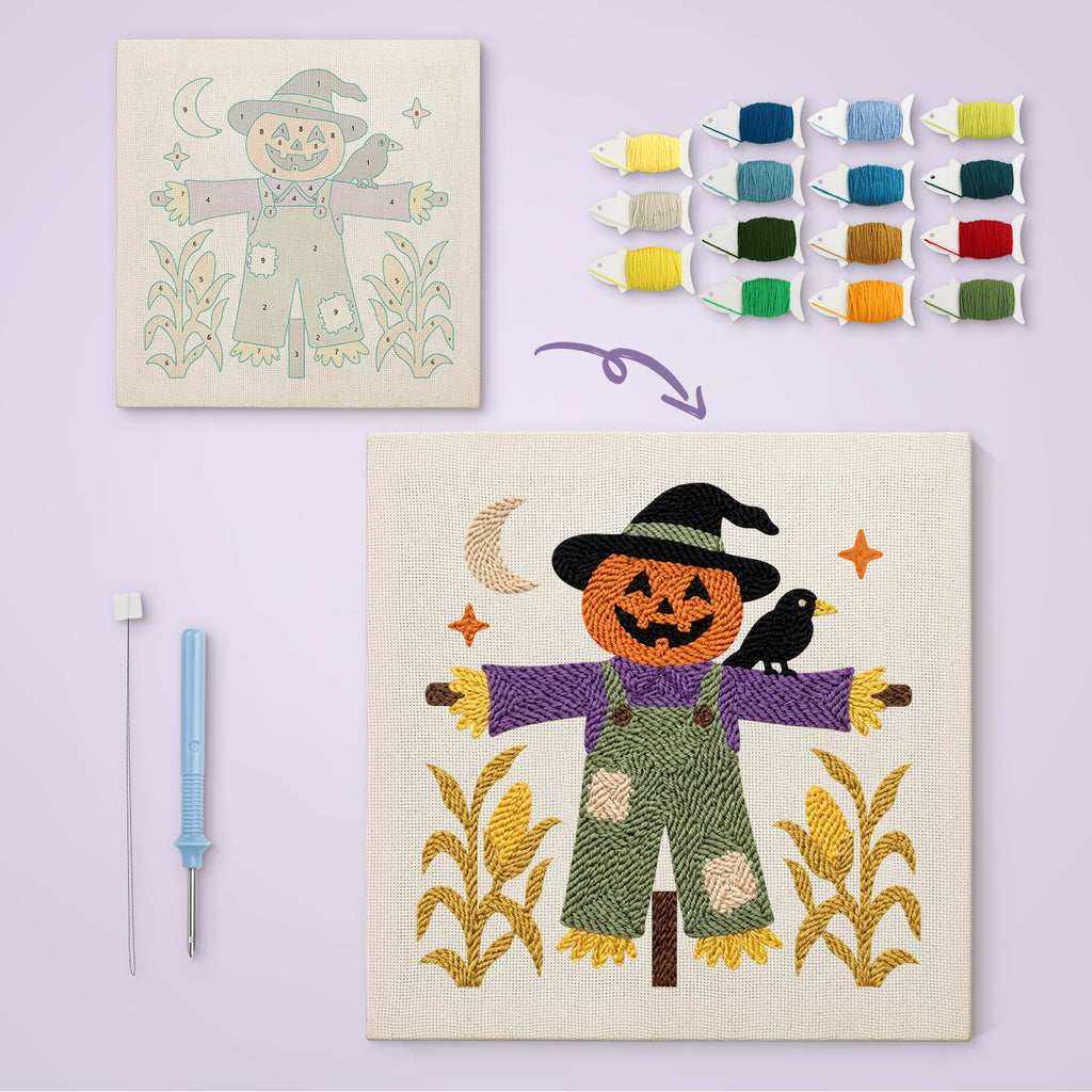Purple Coat Scarecrow canvas before and after punching, with the threads and tools