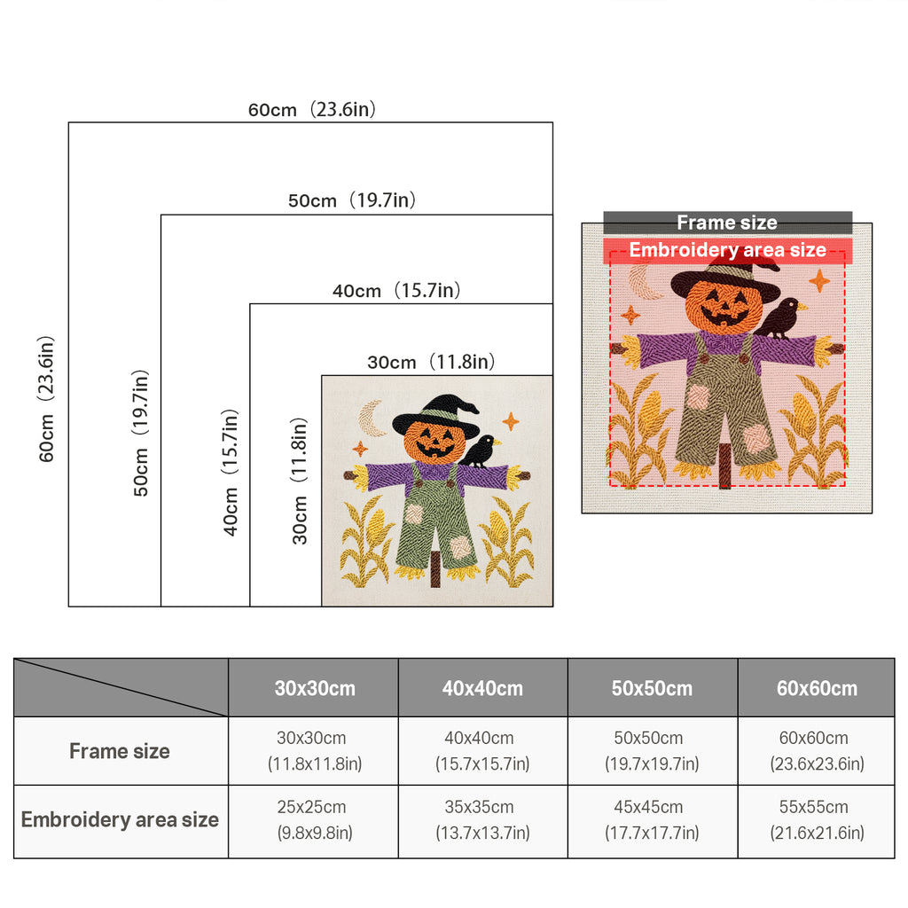Size chart for square punch needle kits from 30 x 30 cm to 60 x 60 cm