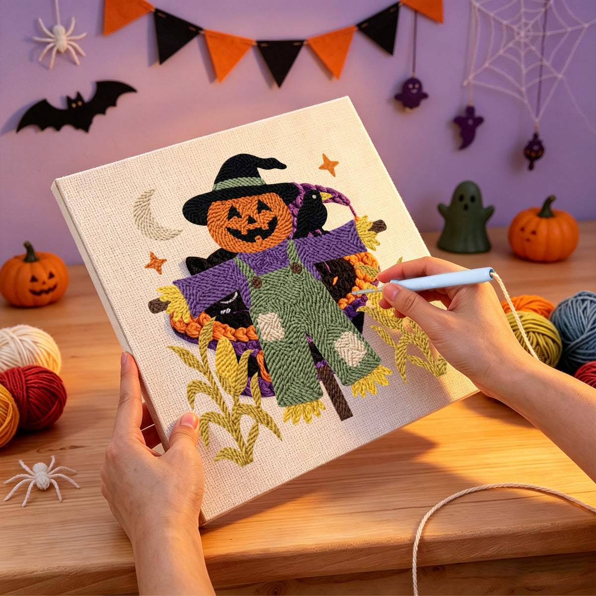 Punching the Purple Coat Scarecrow design with the punch needle