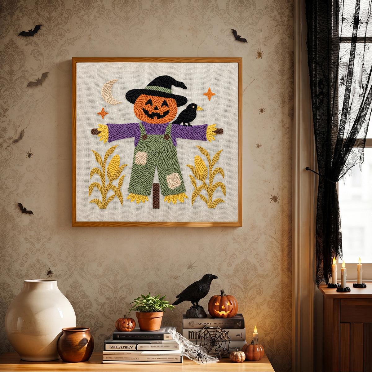 Finished Purple Coat Scarecrow punch needle canvas on a wall