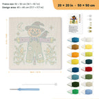 Purple Coat Scarecrow punch needle kit, 20 × 20 in (50 × 50 cm): canvas size and kit contents