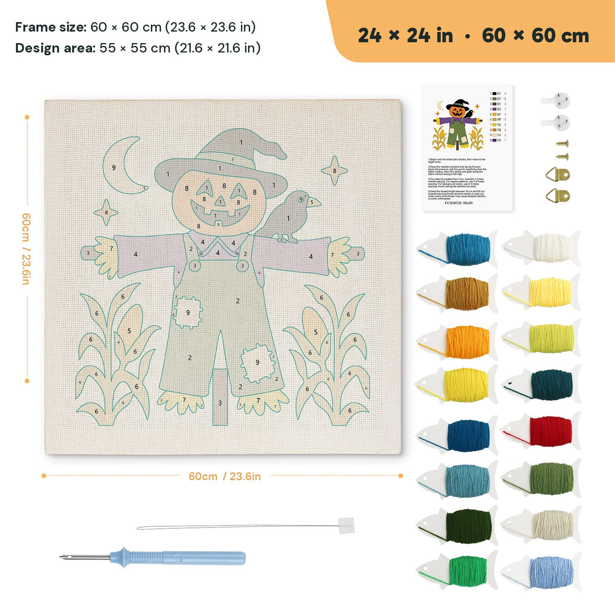 Purple Coat Scarecrow punch needle kit, 24 × 24 in (60 × 60 cm): canvas size and kit contents