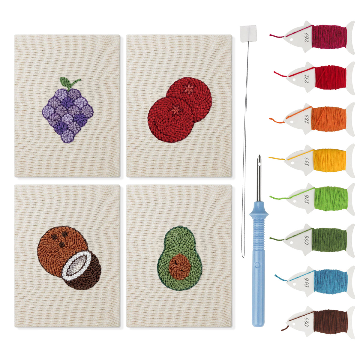 Purple Grape Bunch mini punch needle kit set: four finished canvases with threads, punch needle and threader