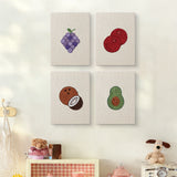 The four Purple Grape Bunch mini canvases on a wall above a shelf