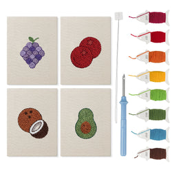 Purple Grape Bunch mini punch needle kit set: four finished canvases with threads, punch needle and threader