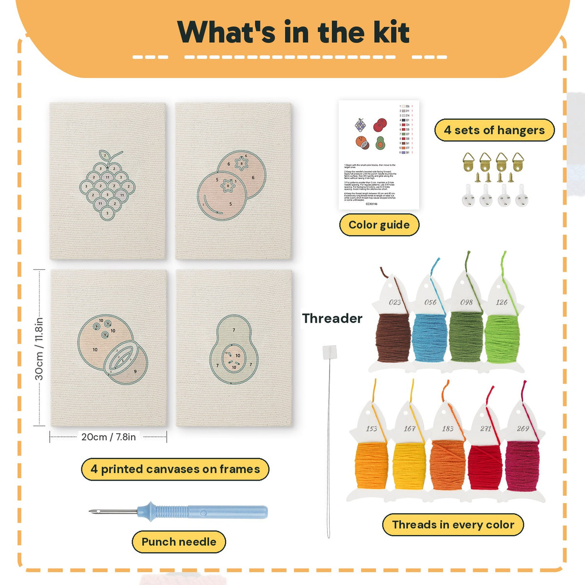 What is in the Purple Grape Bunch set, 8 × 12 in (20 × 30 cm) each: 4 printed canvases, punch needle, threader, threads, color guide and 4 sets of hangers
