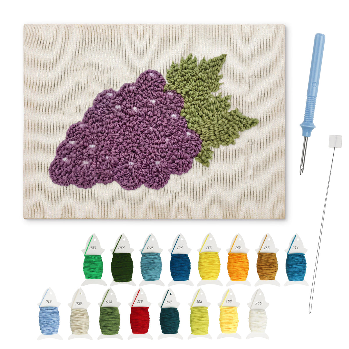 Purple Grapes punch needle kit: finished canvas with threads, punch needle and threader