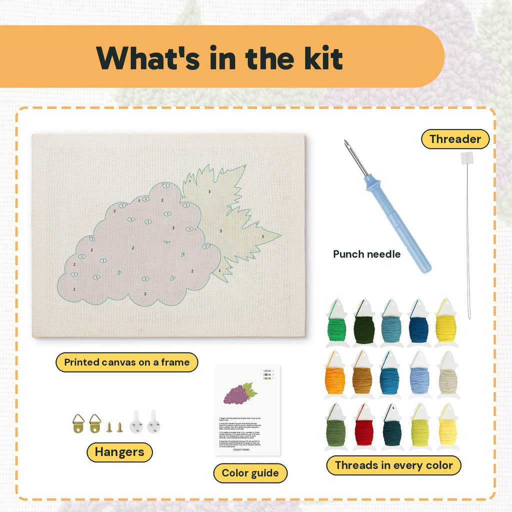 What is in the Purple Grapes kit: printed canvas, punch needle, threader, threads, color guide and hangers