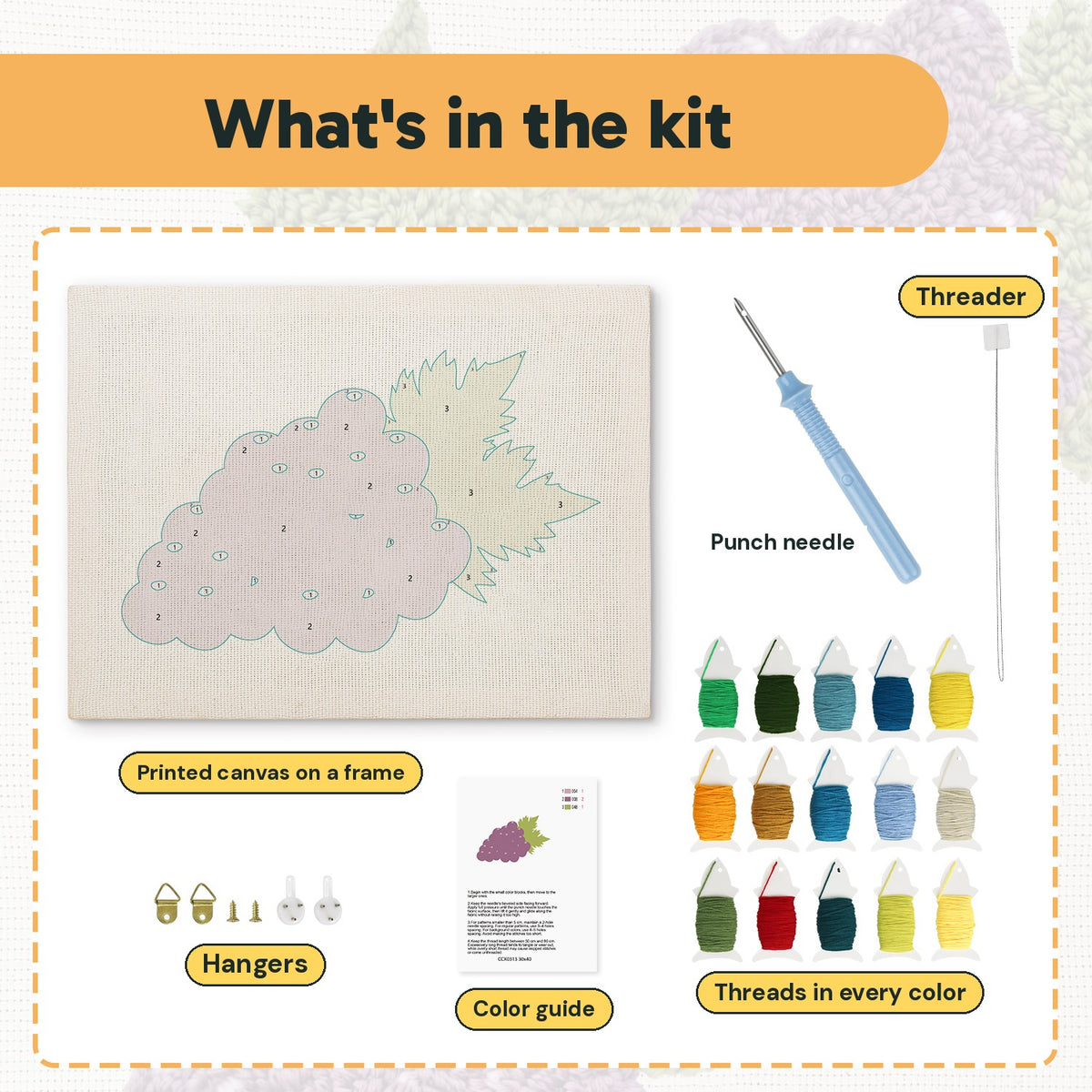 What is in the Purple Grapes kit: printed canvas, punch needle, threader, threads, color guide and hangers