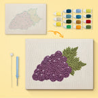 Purple Grapes canvas before and after punching, with the threads and tools