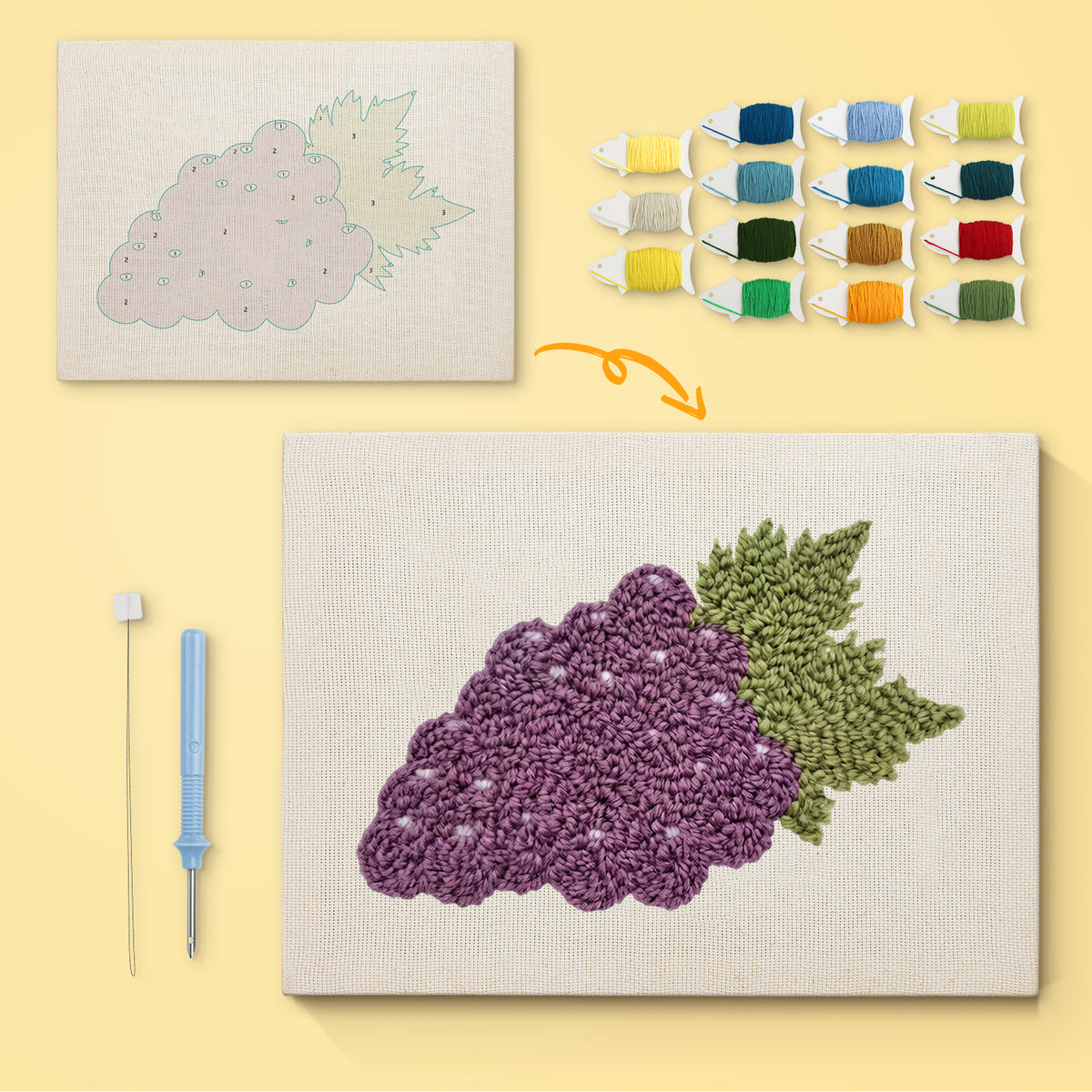 Purple Grapes canvas before and after punching, with the threads and tools