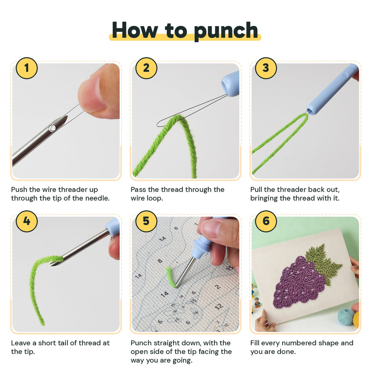 Six steps showing how to thread and use the punch needle