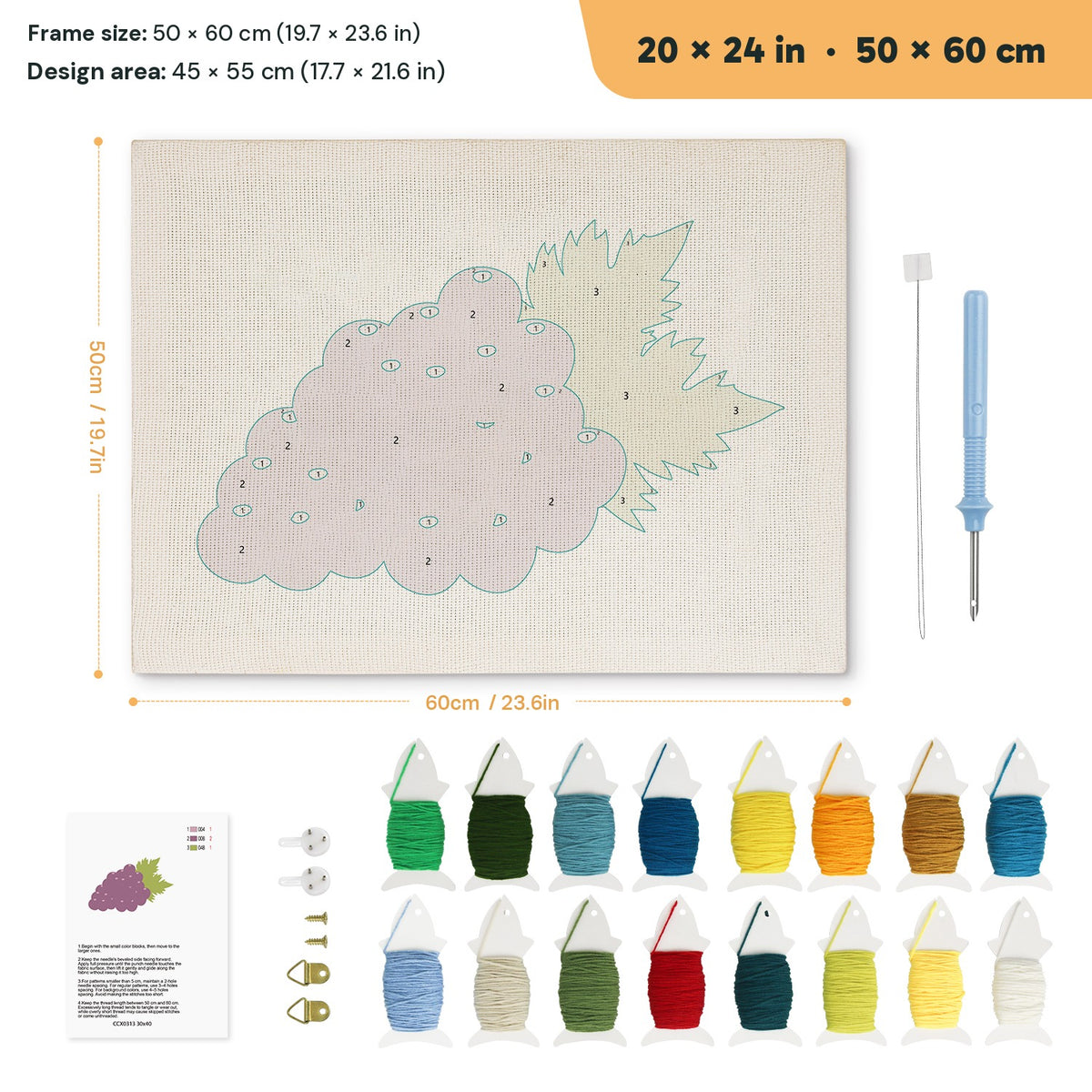 Purple Grapes punch needle kit, 20 × 24 in (50 × 60 cm): canvas size and kit contents