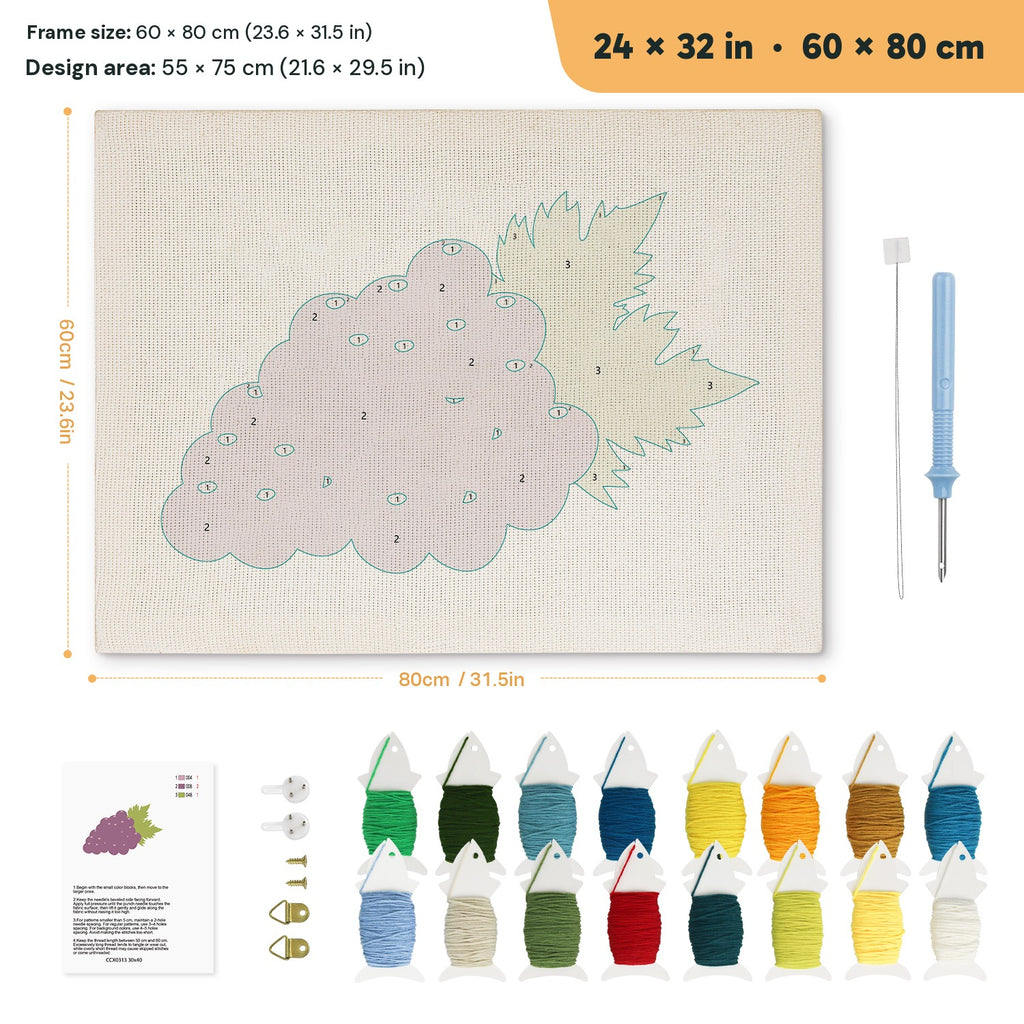 Purple Grapes punch needle kit, 24 × 32 in (60 × 80 cm): canvas size and kit contents