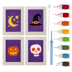 Purple Halloween Night mini punch needle kit set: four finished canvases with threads, punch needle and threader