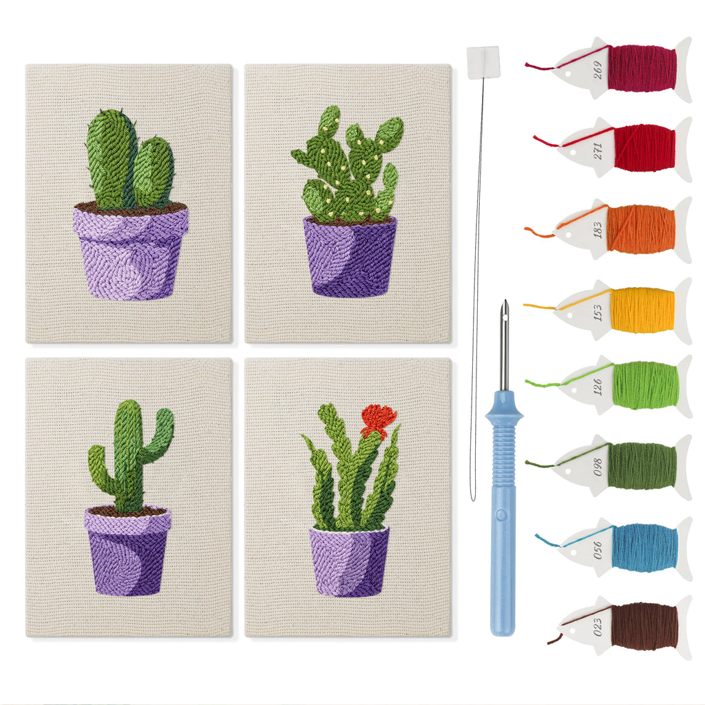 Purple Pot Cacti mini punch needle kit set: four finished canvases with threads, punch needle and threader