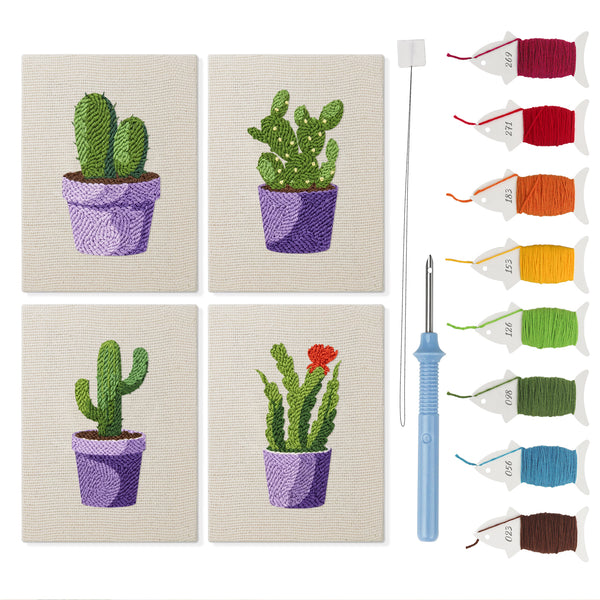 Purple Pot Cacti mini punch needle kit set: four finished canvases with threads, punch needle and threader