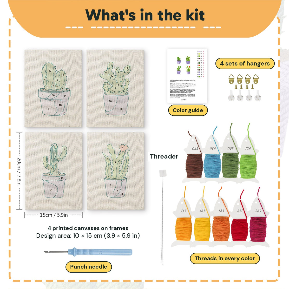 What is in the Purple Pot Cacti set: 4 printed canvases, punch needle, threader, threads, color guide and 4 sets of hangers (6 × 8 in (15 × 20 cm) each)