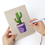 Punching a Purple Pot Cacti mini canvas with the punch needle