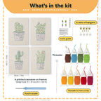 What is in the Purple Pot Cacti set, 8 × 12 in (20 × 30 cm) each: 4 printed canvases, punch needle, threader, threads, color guide and 4 sets of hangers