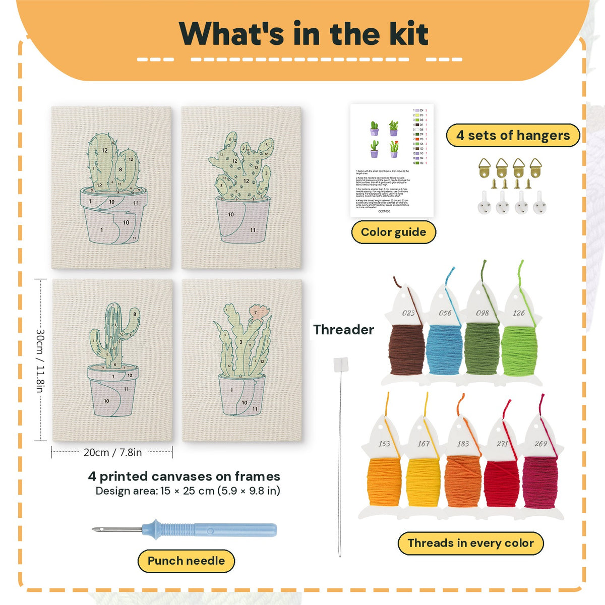 What is in the Purple Pot Cacti set, 8 × 12 in (20 × 30 cm) each: 4 printed canvases, punch needle, threader, threads, color guide and 4 sets of hangers