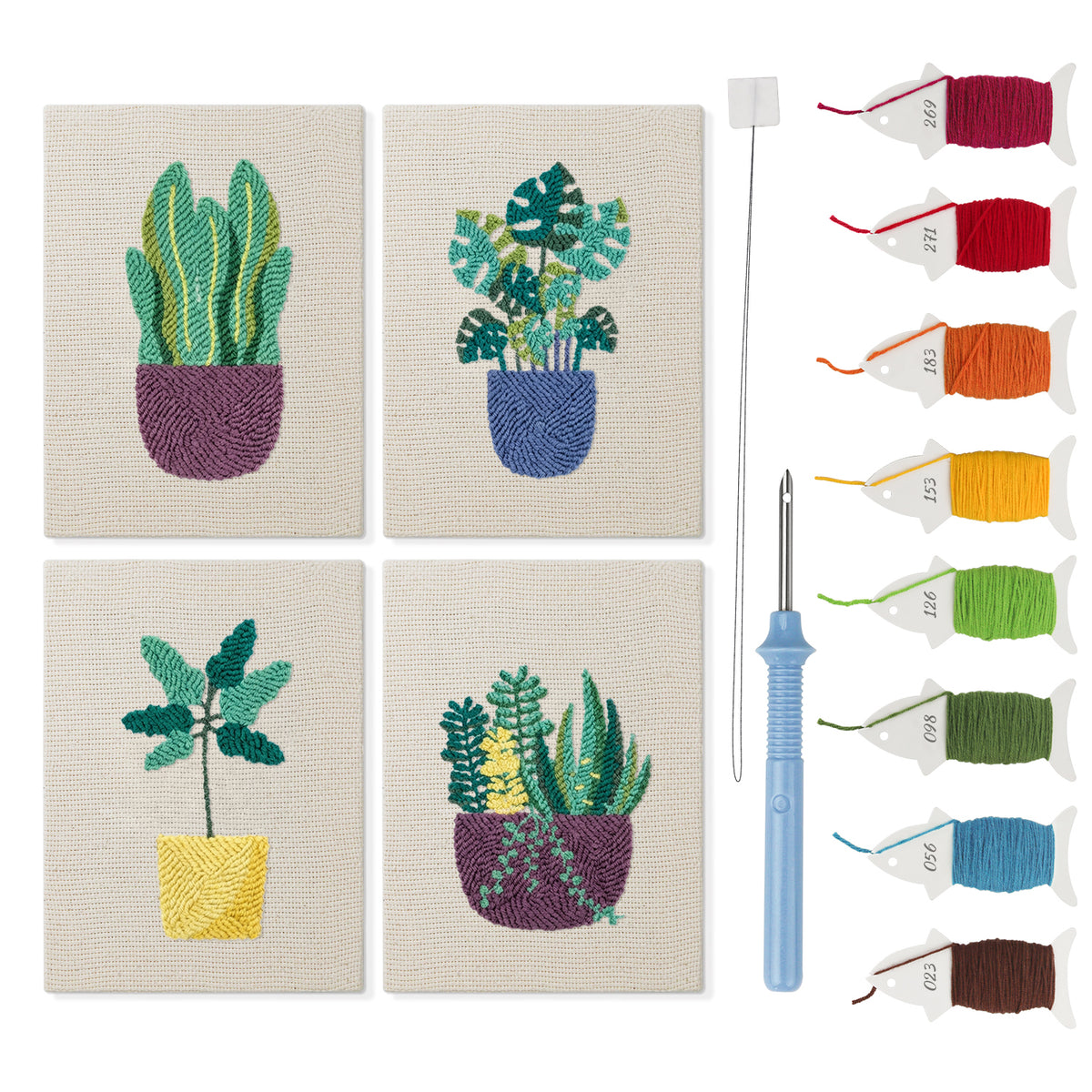 Purple Pot Plants mini punch needle kit set: four finished canvases with threads, punch needle and threader