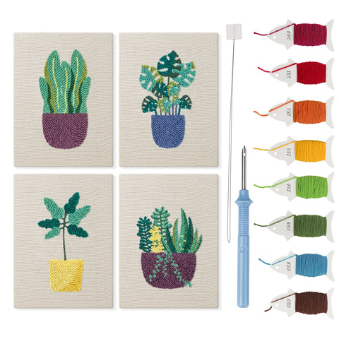 Purple Pot Plants mini punch needle kit set: four finished canvases with threads, punch needle and threader