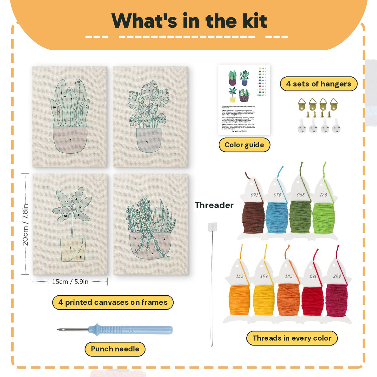 What is in the Purple Pot Plants set: 4 printed canvases, punch needle, threader, threads, color guide and 4 sets of hangers (6 × 8 in (15 × 20 cm) each)