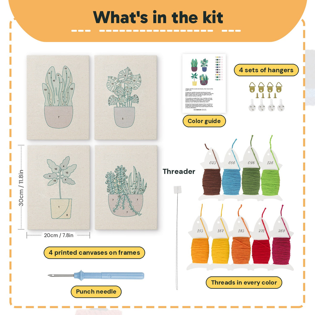 What is in the Purple Pot Plants set, 8 × 12 in (20 × 30 cm) each: 4 printed canvases, punch needle, threader, threads, color guide and 4 sets of hangers