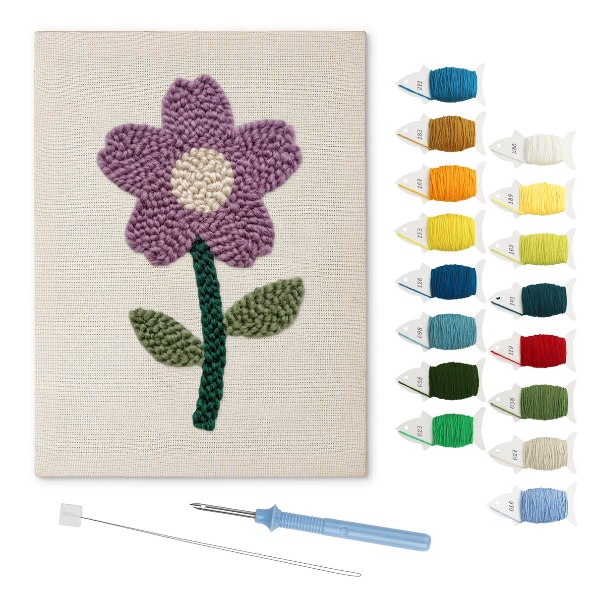 Purple Stem Flower punch needle kit: finished canvas with threads, punch needle and threader