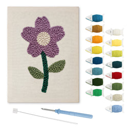 Purple Stem Flower punch needle kit: finished canvas with threads, punch needle and threader