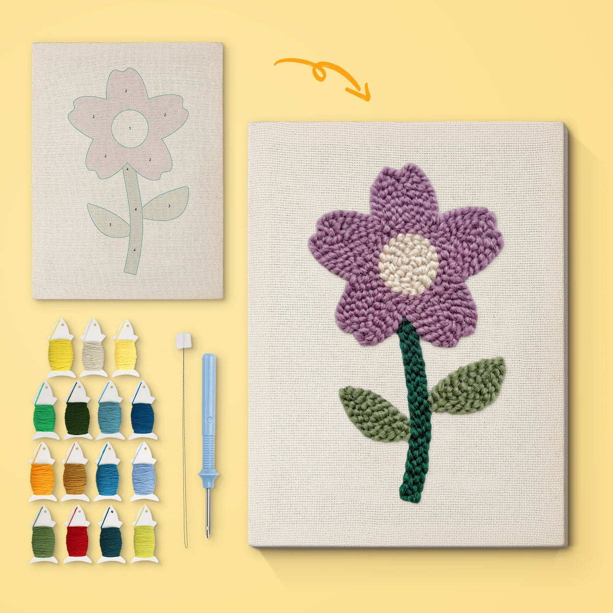 Purple Stem Flower canvas before and after punching, with the threads and tools