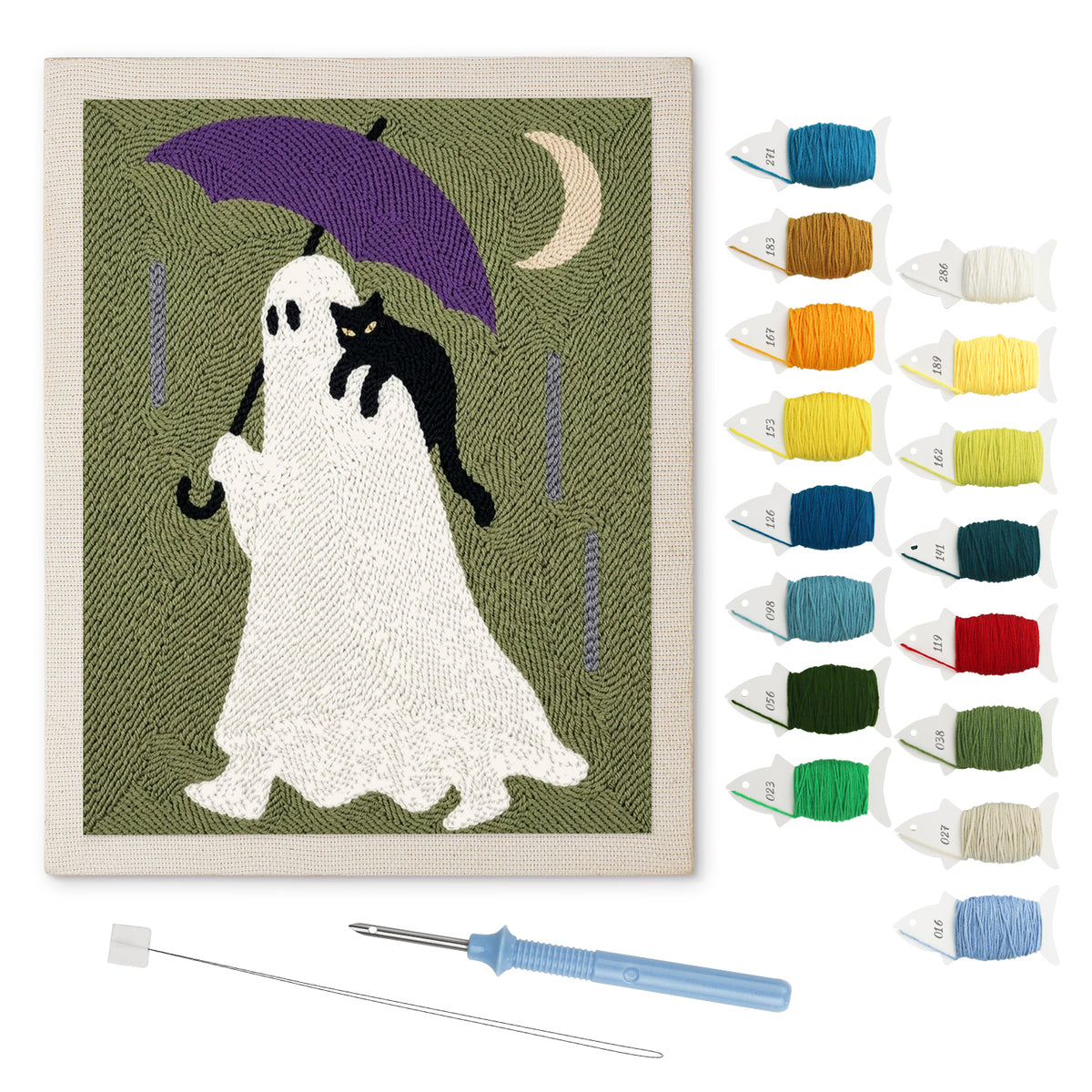 Purple Umbrella Ghost punch needle kit: finished canvas with threads, punch needle and threader