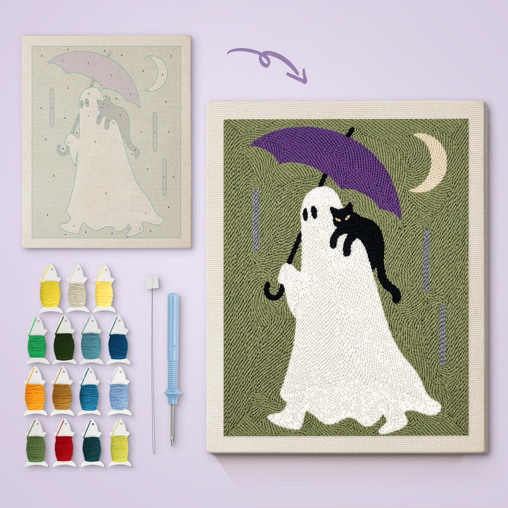 Purple Umbrella Ghost canvas before and after punching, with the threads and tools
