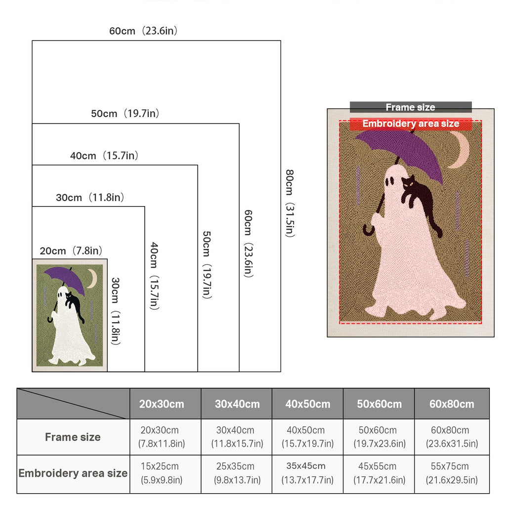 Size chart for punch needle kits from 20 x 30 cm to 60 x 80 cm