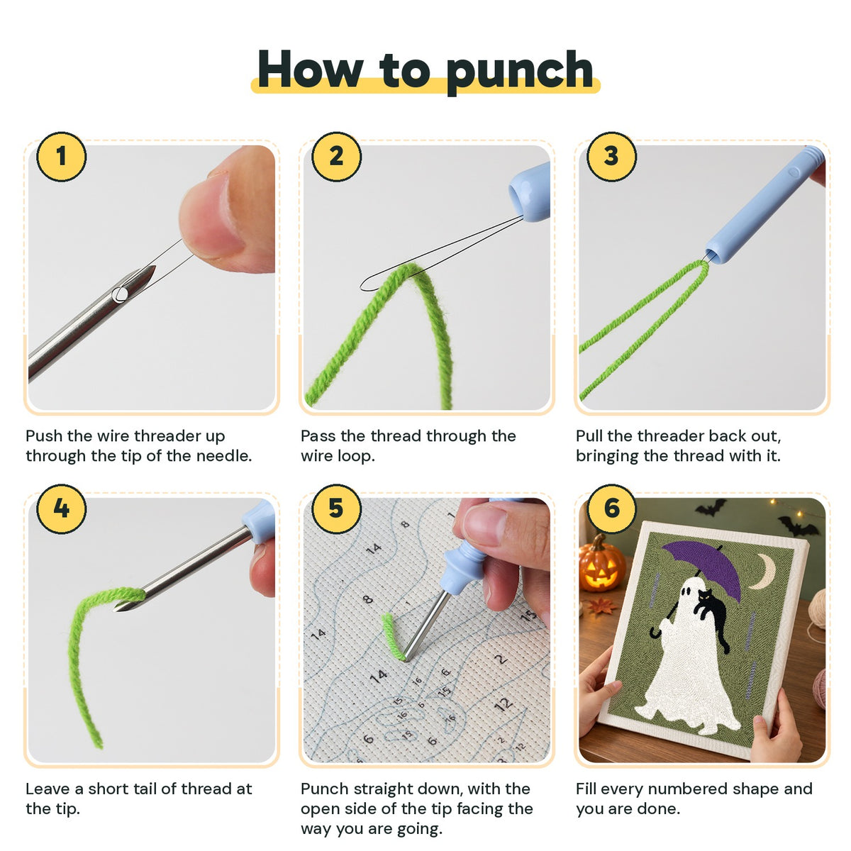 Six steps showing how to thread and use the punch needle