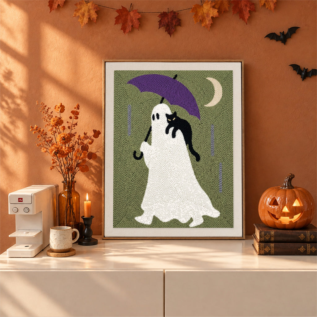Finished Purple Umbrella Ghost punch needle canvas on a wall