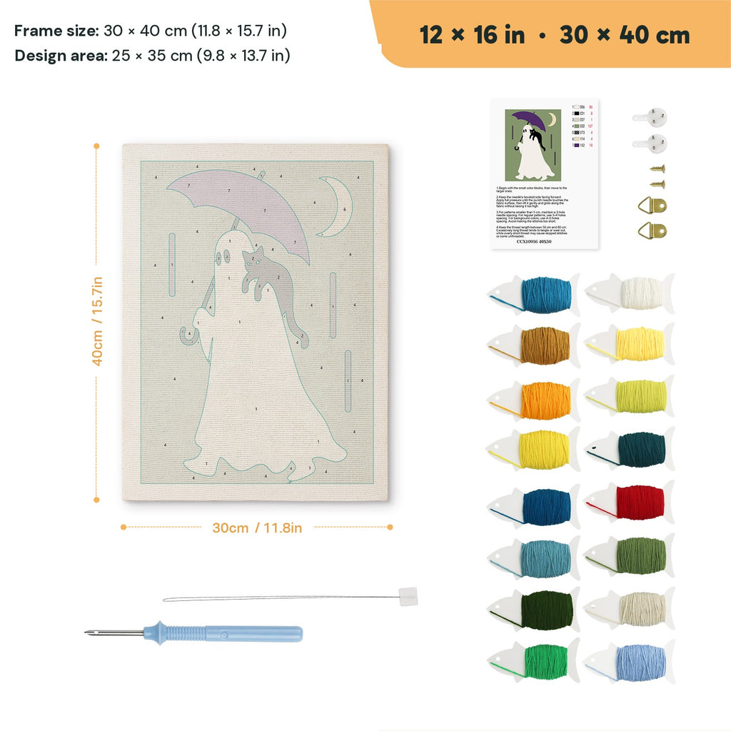 Purple Umbrella Ghost punch needle kit, 12 × 16 in (30 × 40 cm): canvas size and kit contents