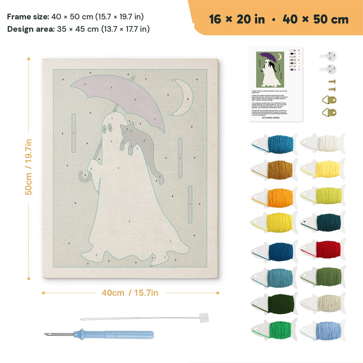 Purple Umbrella Ghost punch needle kit, 16 × 20 in (40 × 50 cm): canvas size and kit contents