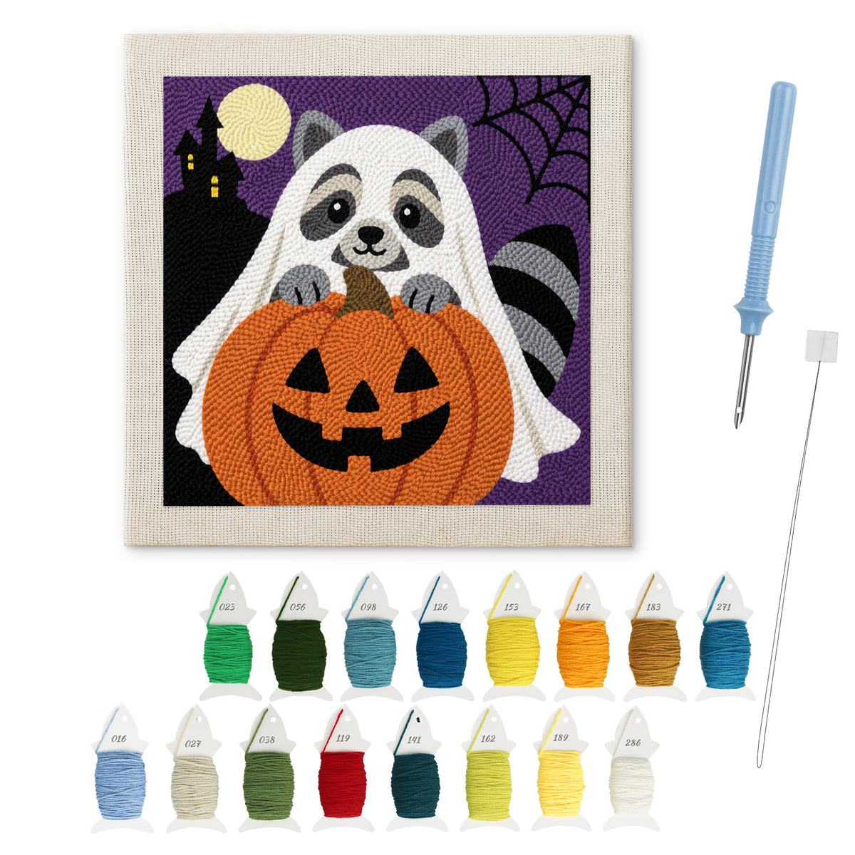 Raccoon Ghost punch needle kit: finished canvas with threads, punch needle and threader