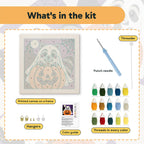 What is in the Raccoon Ghost kit: printed canvas, punch needle, threader, threads, color guide and hangers