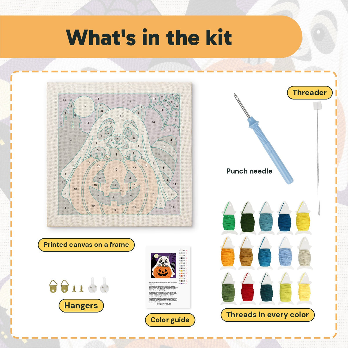 What is in the Raccoon Ghost kit: printed canvas, punch needle, threader, threads, color guide and hangers