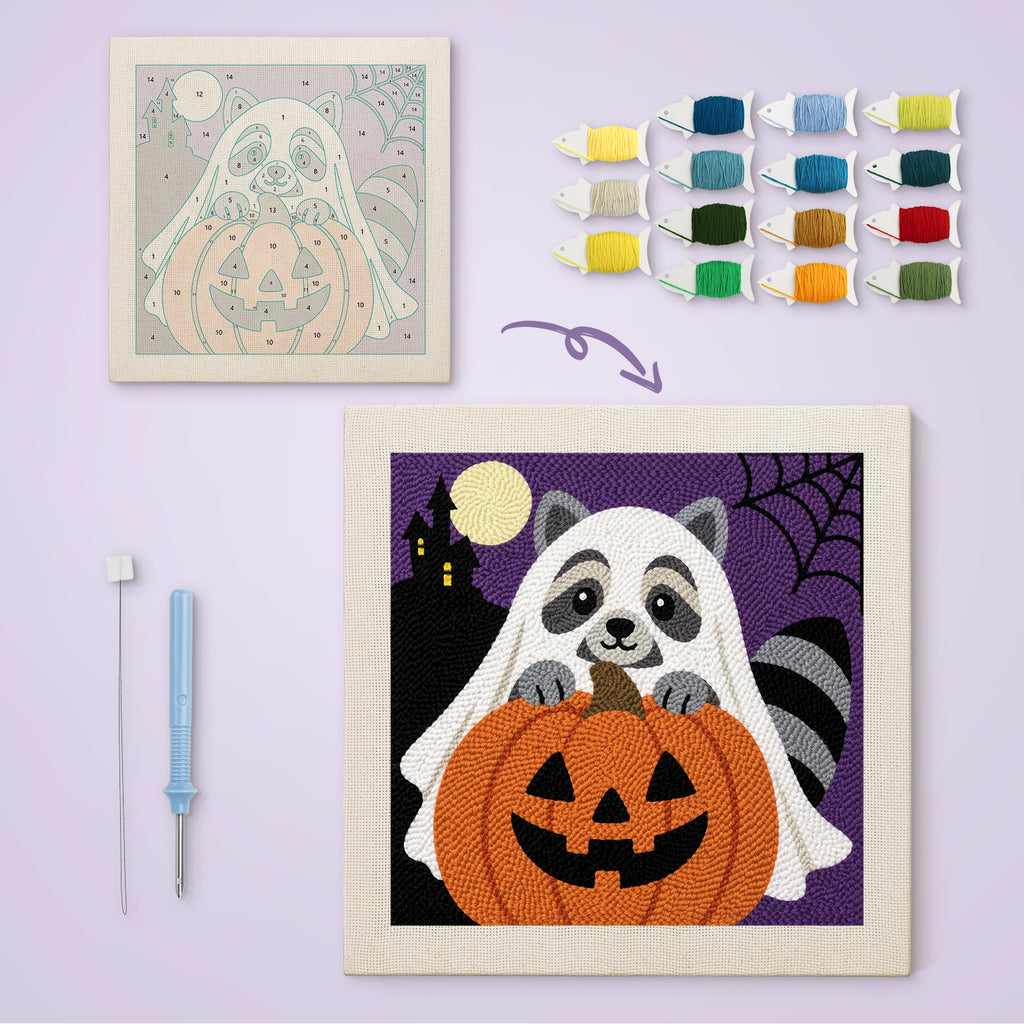 Raccoon Ghost canvas before and after punching, with the threads and tools