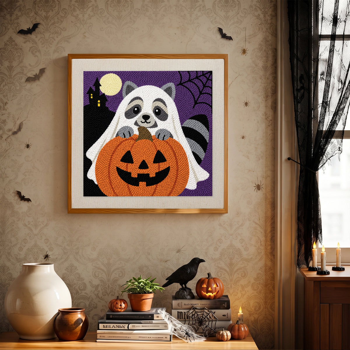 Finished Raccoon Ghost punch needle canvas on a wall