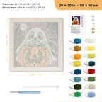 Raccoon Ghost punch needle kit, 20 × 20 in (50 × 50 cm): canvas size and kit contents