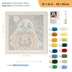 Raccoon Ghost punch needle kit, 24 × 24 in (60 × 60 cm): canvas size and kit contents